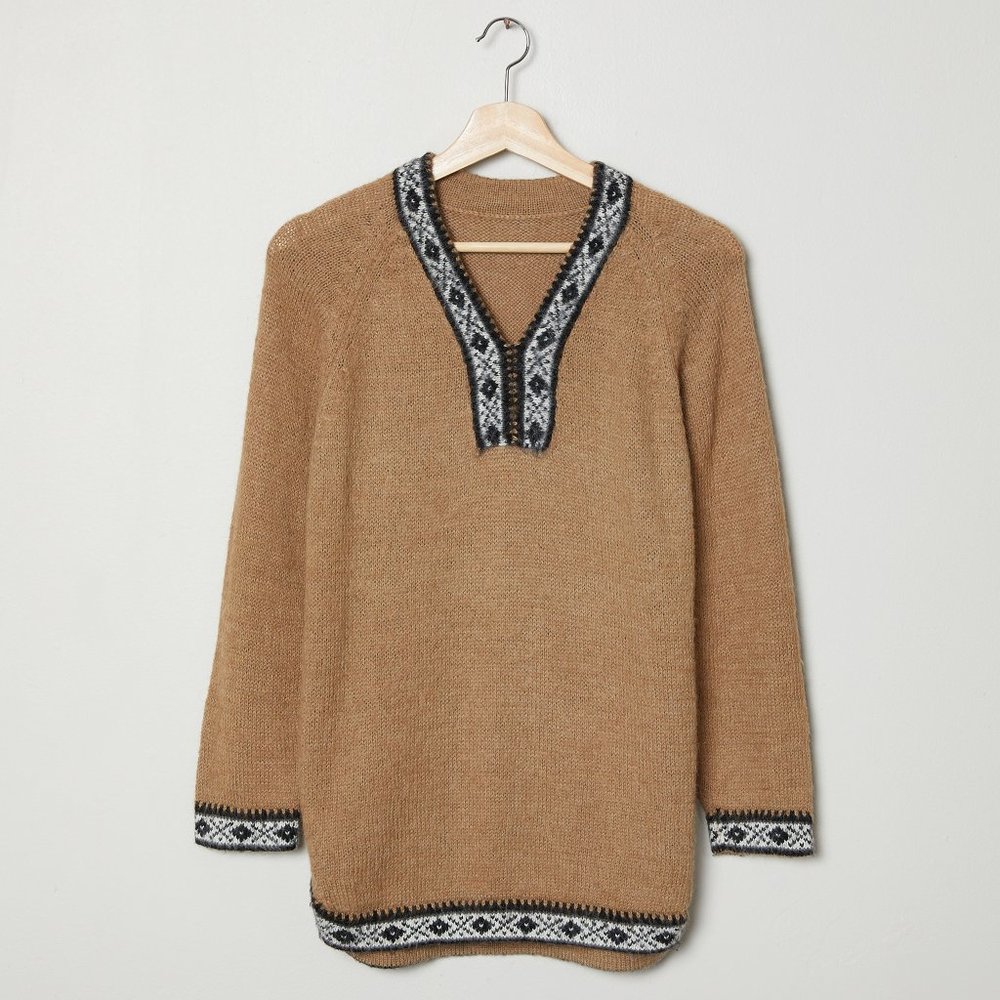 Vtg 70s Tan Print Trim Mohair Sweater M